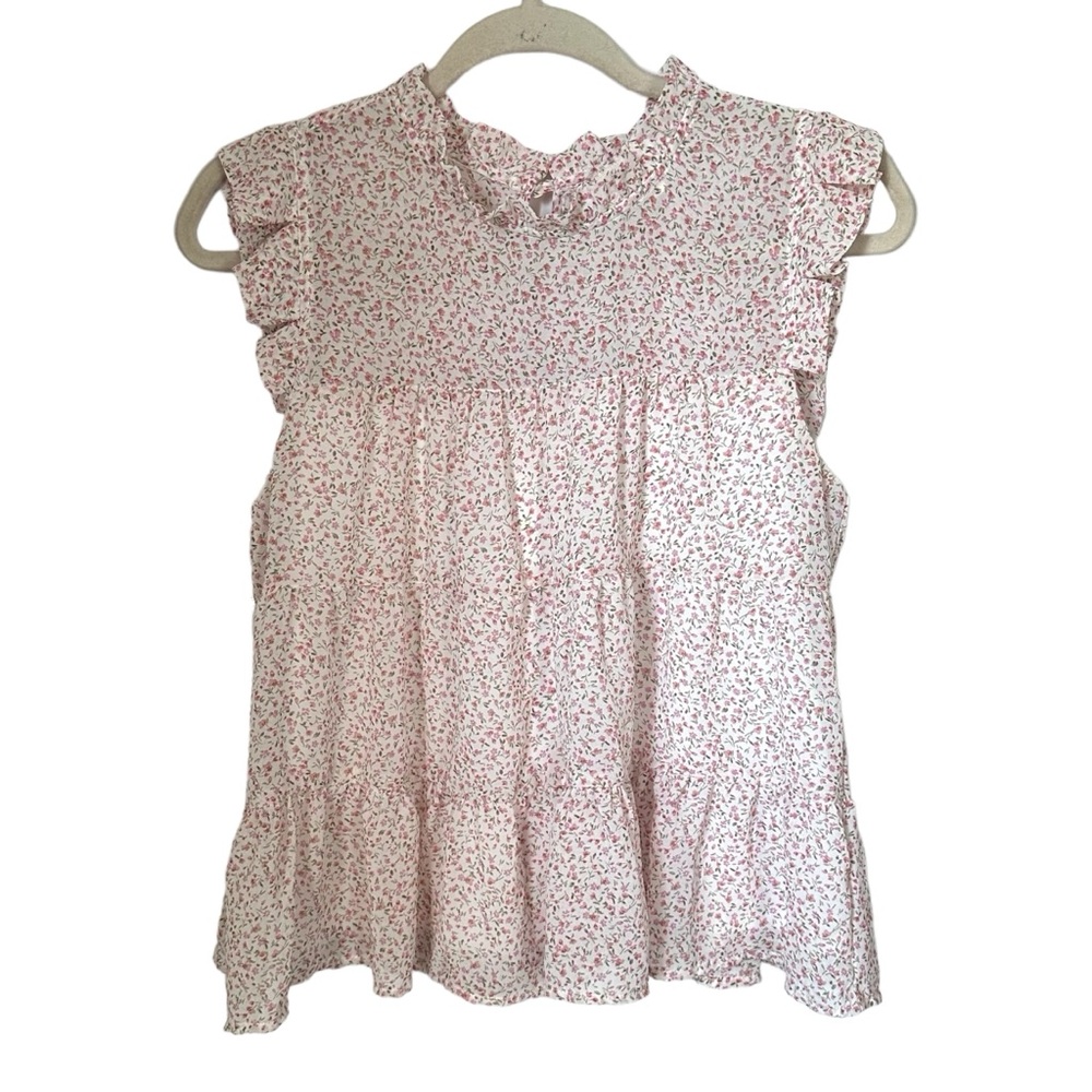 Monteau Womens Sz M Floral Tiered Ruffle Short Sleeve Keyhole Back Blouse